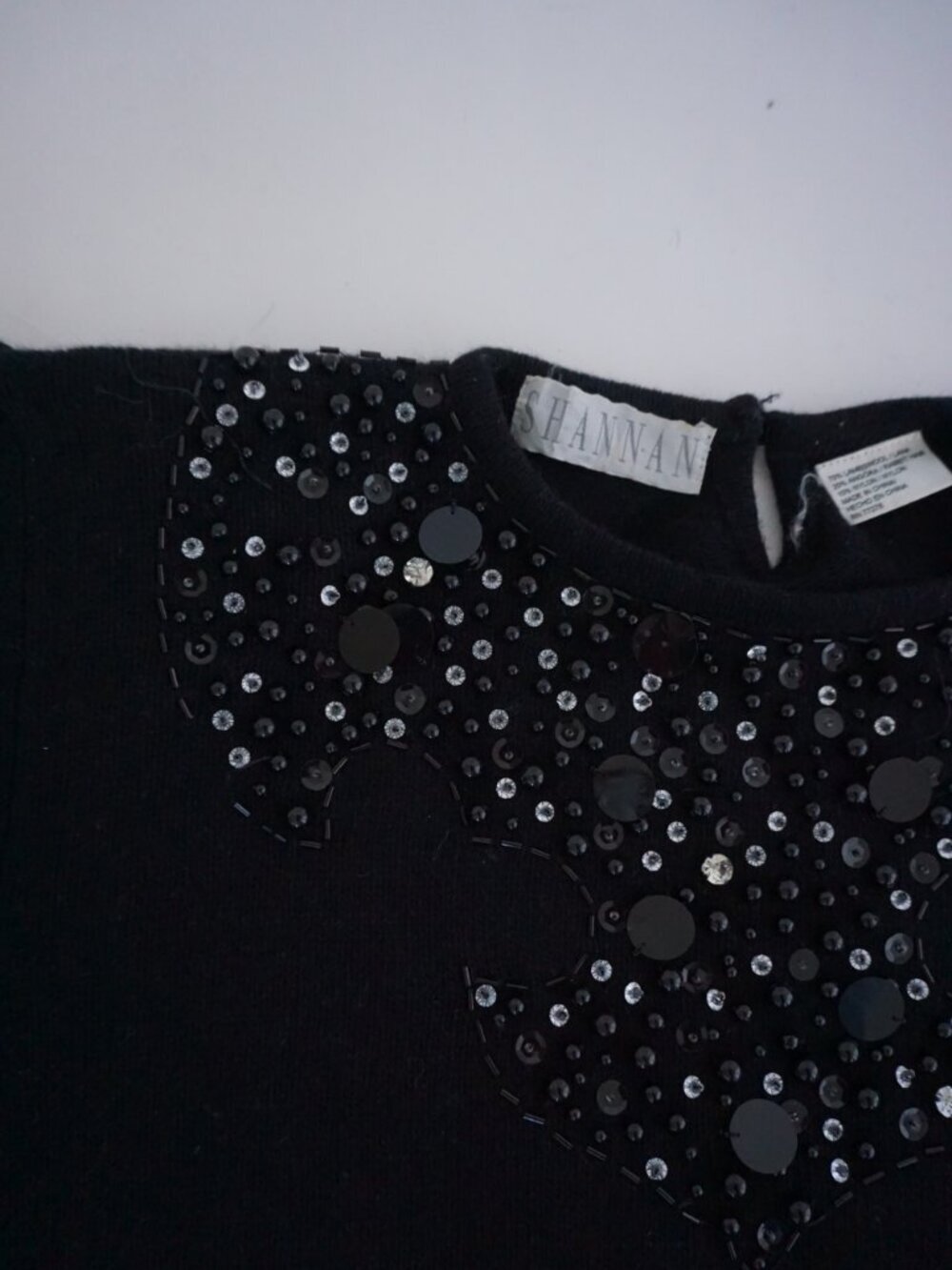 Vintage Shannan Black Beaded Sequin Knit Sweater Lambswool Angora Blend L - Picture 9 of 12